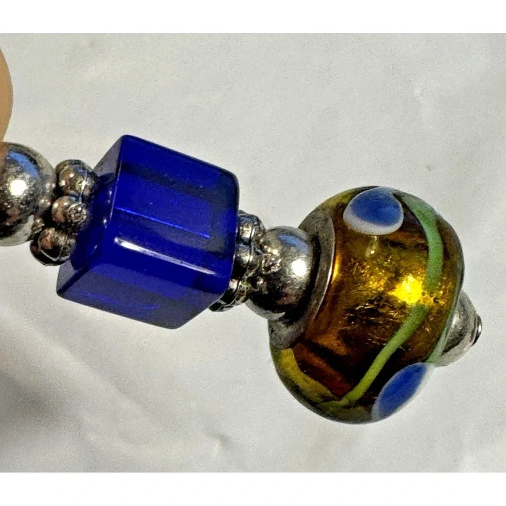 Artisan Lampwork Glass Drop Earrings Blue Gold Swirl Cube Bead Boho Dangle 2 In